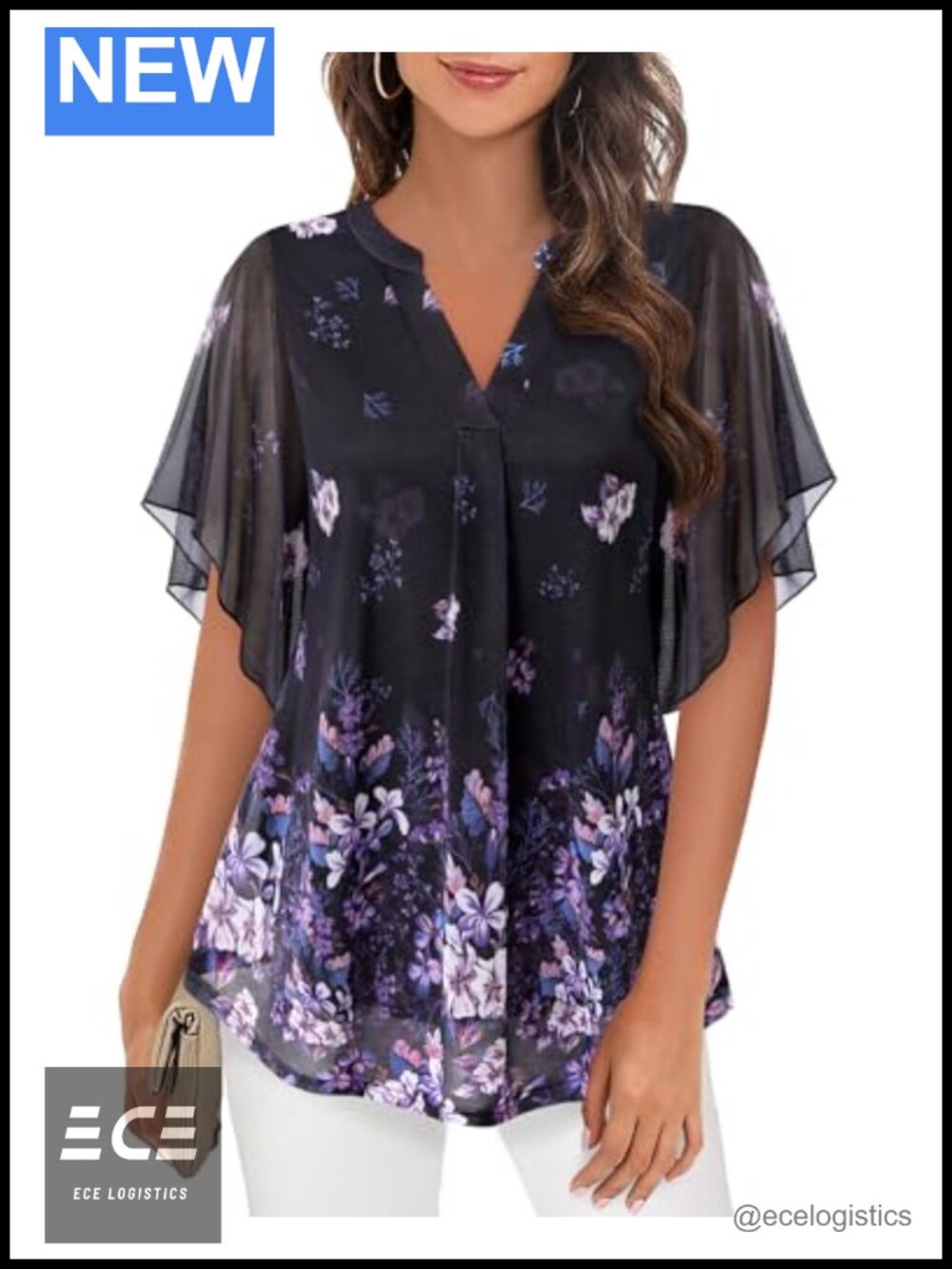 Timeson Womens Short Sleeve V Neck Floral Mesh Tunic Blouse